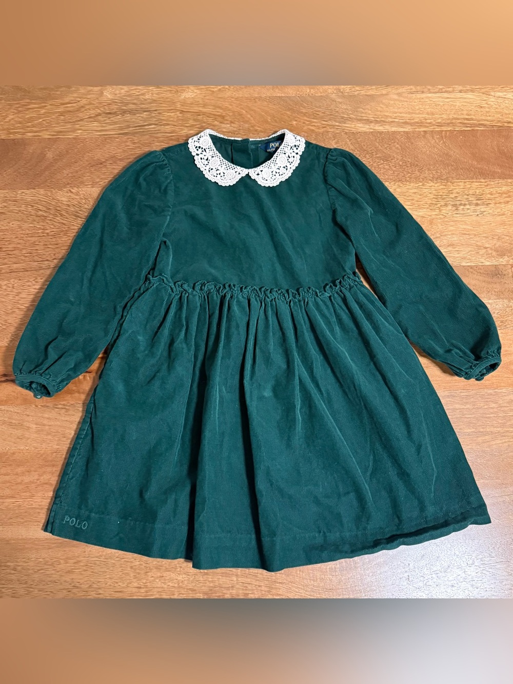 Polo by Ralph Lauren Green Corduroy Dress with White Crochet Collar